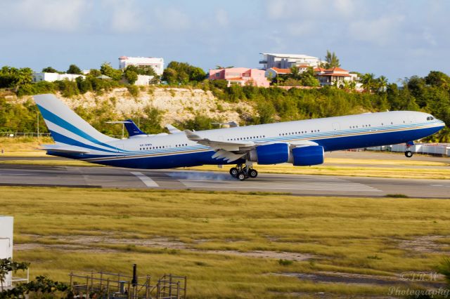 Airbus A340-500 (VP-BMS) - Picture perfect landing on the threshold markings for this 1st time visitor to SXM.