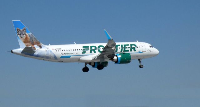 Airbus A320neo (N376FR) - On final is this 2020 Frontier Airlines Airbus A320-251N with "Cruz" the Island Fox looking on in the Spring of 2021.