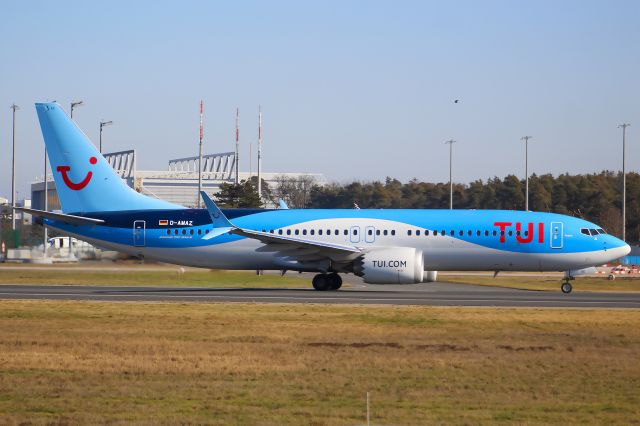 Boeing 737 MAX 8 (D-AMAZ) - A Tui Fly B737 MAX 8 taking off from Frankfurt Airport.br /br /Location: Viewpoint "West Runway"/Aussichtspunkt "Startbahn West".br /Date: 13.02.23 (dd/mm/yy).