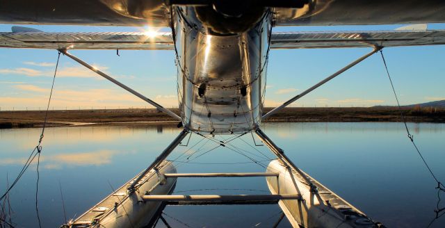 — — - Looking out from the tail end of a float plane on the pond. End of Sept? Sunshine?No wind? What a way to end the wet side of flying.