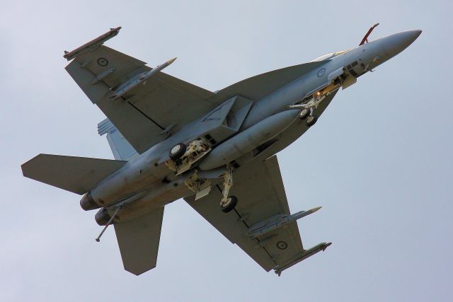 McDonnell Douglas FA-18 Hornet (A44202) - Display by RAAF FA18F at TAVAS air show 21 April 2017 Caboolture Queensland. Overcast day and hi G turns give some good effects