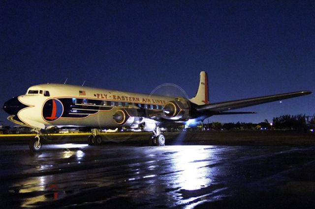 N836D — - The Historical Flight Foundations restored Eastern Air Lines DC-7B N836D performing a nighttime engine run up at Opa-locka Executive Airport on March 31, 2010.  aviationstockphotos.com