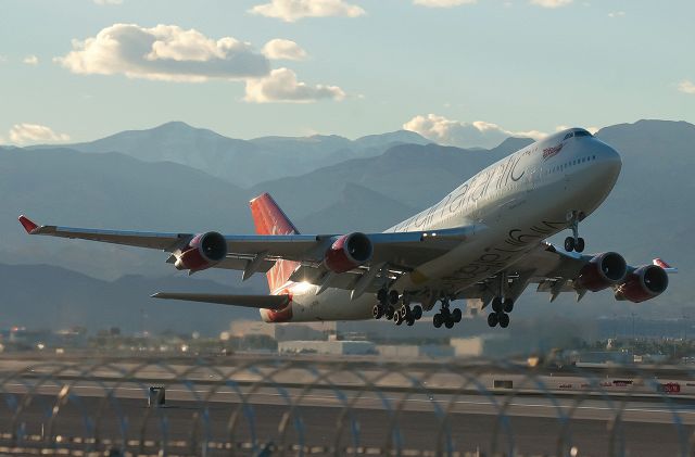 Boeing 747-400 (G-VROM) - Late afternoon departure of Virgin Atlantics "Barbarella". Lifting off from runway 7R.