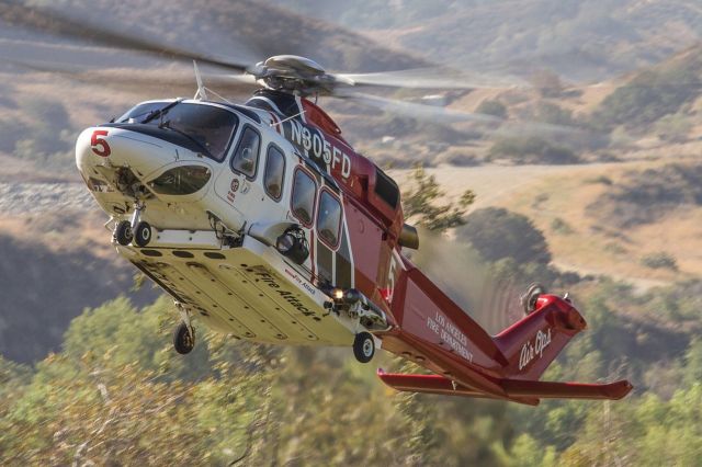 BELL-AGUSTA AB-139 (N305FD) - Los Angeles Fire Department AirOps. Taken back when California had huge wildfires in both the Northern and the Southern parts of the State, and I forgot about photos just sitting on a CompactFlash memory card in the camera. Taken from the parking lot at the Griffith Observatory right before the AW139 performed a water drop on fire that had started on the south-facing slope of Mount Hollywood in Griffith Park.