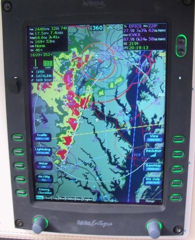 Cessna 400 (N2522F) - Racing a line of T-storms back to VKX (white +)on an IFR flight plan. We are the white plane in the middle of the display. Although we could not fly our assigned route (IRONS 4 Arrival, in white) we were in VFR conditions with a good visual on that mountain range of storms to our left moving in our direction. I was not nervous since we had a good escape route to the east.    With a ground speed of 219 kts, we beat in in with time to spare but got hammered as we pushed the plane into the hanger.