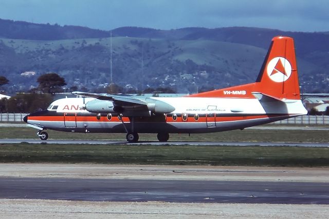 VH-MMS — - ANSETT AIRLINES OF AUSTRALIA - FOKKER F-27-200 FRIENDSHIP - REG : VH-MMS (CN 10139) - WEST BEACH ADELAIDE SA. AUSTRALIA - YPAD (12/9/1976) 35MM SLIDE CONVERSION USING A LIGHTBOX AND A NIKON L810 DIGITAL CAMERA IN THE MACRO MODE.