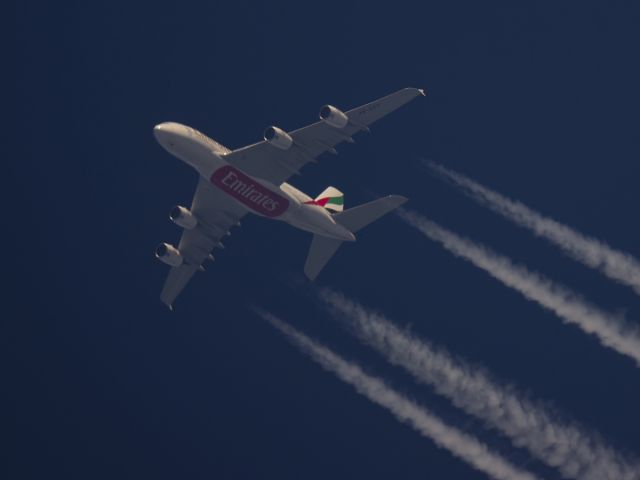 Airbus A380-800 (A6-EDP) - Emirates Airbus A380-861. Photographed on a beautiful summer afternoon on 23-7-2014. A6-EDP Crosses the Coast of West Lancashire, England ,UK at Altitude 36,000ft (12km) Heading out across the Irish Sea Working the Dubai-New York JFK route (EK201). br /A huge vapour trail behind this aircraft today ,it looked so majestic in the cruise. br /It is sometimes hard to comprehend that in current configuration by Emirates Airlines 489 passengers are accommodated (some in exquisite luxury),also 28 flight crew are aboard this aircraft.br /br /Pentax K-5.