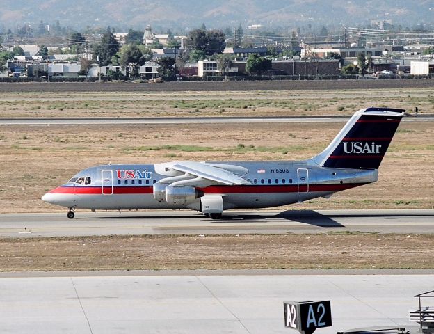 British Aerospace BAe-146-200 (N183US) - KSJC - USAir BAe-146 landed 30L from SNA and rolling to gate A1.br /br /Serial number 2043 LN:43br /Type Bae 146-200br /First flight date 17/09/1985