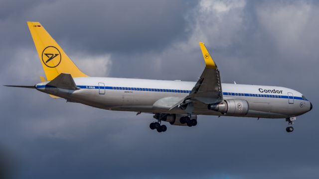 BOEING 767-300 (D-ABUM) - Condor Boeing 767-31B(ER) (D-ABUM) [1980s Retro Livery] on final approach to Perth Airports Runway 21 after the flight from Frankfurt (via Phuket). This flight is one of four to help come collect the 800+ German Passengers on the Cruise Ship “Artania” after it was refused entry into other ports around the world due to the COVID-19 crisis. After several pleas to the Commonwealth and WA Government they were finally allowed to dock into Fremantle on one condition, that all passengers remain on the ship under police guard until their four rescue flights arrived and they can be bussed straight to the plane and flown out of the country.