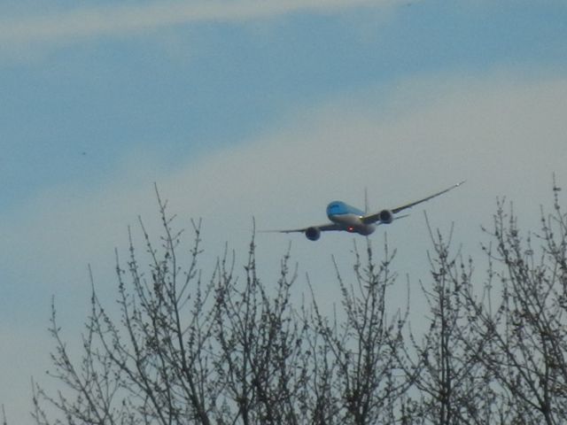 Boeing 787-9 Dreamliner (PH-BHA) - A KLM Boeing B787-900 Dreamliner Coming Up From Behind The Trees Approaching Dulles International Airport, This Aircraft Was About To Perform A Left Turn To Get To The Runway Direction