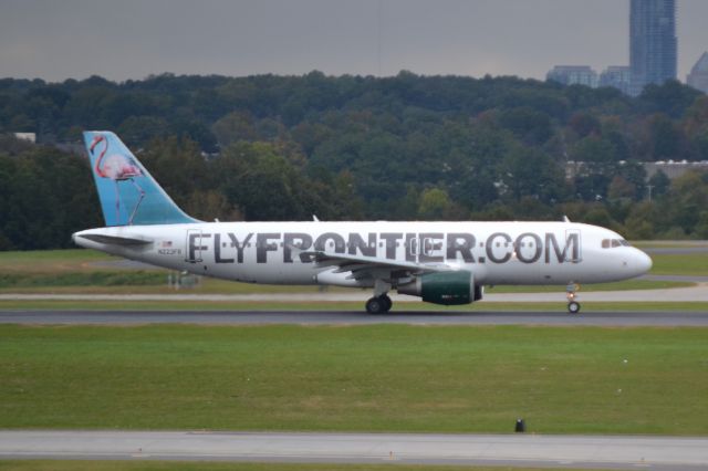 Airbus A320 (N223FR) - "Franceska the Flamingo" on take-off roll at KCLT - 10/27/18