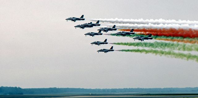 AERMACCHI MB-339 — - McGUIRE AIR FORCE BASE, WRIGHTSTOWN, NEW JERSEY, USA-AUGUST 1986: Performing at the August 1986 Open House and Air Show was the Italian Air Force Aerobatic Team "Frecce Tricolori" (Three-Colored Arrows). 