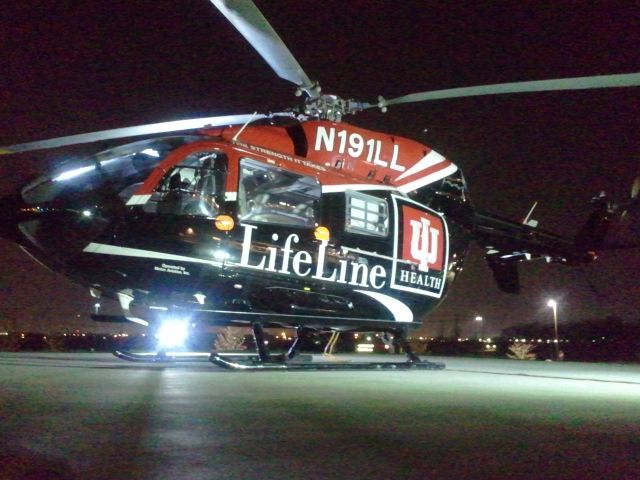 KAWASAKI EC-145 (N191LL) - This American Eurocopter EC-145 C-2 (MBB-BK 117 C-2), serial number 9319, is shown flying as Lifeline 5 in a picture taken March 2012.  This is at Indiana University Health Arnett Hospital helipad.  IU Health rotates their EC-145 fleet from base to base to keep the maintenance hours even.  Photo by EJ Claflin, FP-C