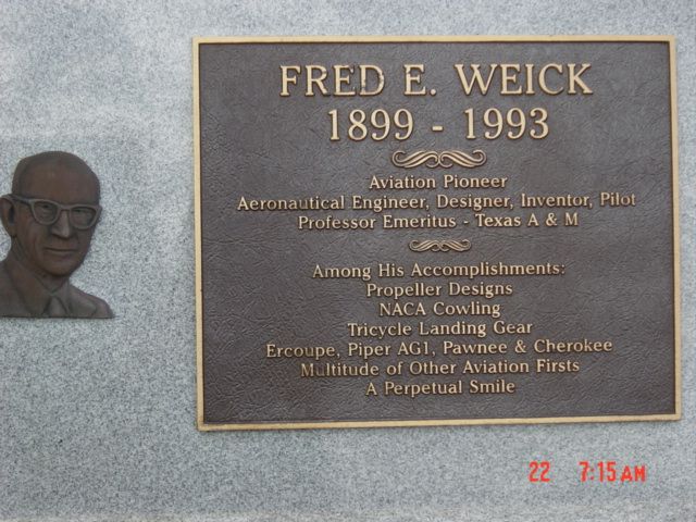 — — - Fred E. Weick memorial outside Piper Hq. In VRB