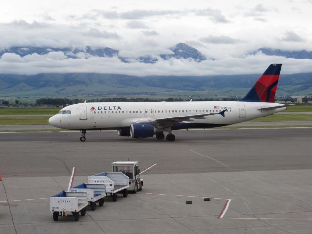 Airbus A320 (N321US) - Watching planes with low clouds covering the Bridger Range from the terminal