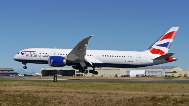 Boeing 787-9 Dreamliner (G-ZBKG) - BOE368 on short final to Rwy 34L to complete a FCF flight on 8/15/16. (ln 396 / cn 38623). The aircraft is using temp reg #N1006F.