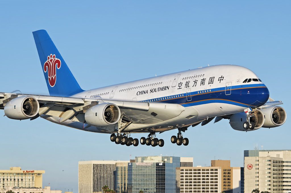 B-6137 — - A China Southern Airlines operated Airbus A380-841 super jumbo on final approach to the Los Angeles International Airport, LAX, in Westchester, Los Angeles, California. In the background, airport hotels along Century Boulevard