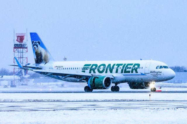 Airbus A320neo (N362FR) - Wellington the Black-footed Ferret arrives at Buffalo Niagara International Airport in the snow.br /AIRLINE: br /Frontier Airlines br /AIRCRAFT: br /Airbus A320-251N br /REGISTRATION: br /N362FR br /DELIVERED: br /October 26, 2019br /PHOTO LOCATION: br /Buffalo Niagara International Airport (KBUF)br /PHOTO DATE:br /January 14, 2022br /COPYRIGHT:br /1217 Photography (James Marion)