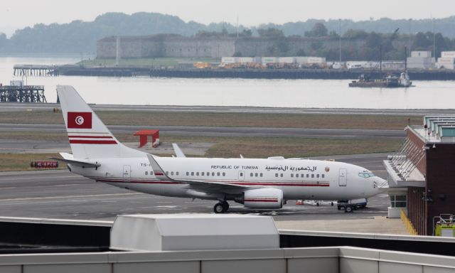 Boeing 737-700 (TS-IOO) - Republic of Tunisia B737-700 parked at Logan during the UN Meetings in NY. Possibly the first visit of a Tunisian aircraft to Boston! 