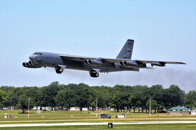 Boeing B-52 Stratofortress (61-0029) - B-52 departing Oshkosh Runway 18 & heading to Barksdale the Monday morning after AirVenture……br /br /8500 ft runway & she was up at 4000 ft.  I'm at 6000 down the runway.  Not much fuel required for the short flight to Barksdale.  