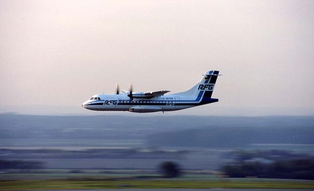 Aerospatiale ATR-42-300 (D-BCRR) - RFG Regionalflug - High speed - low approach at Dortmund during delivery flight from Toulouse 1991-09-18.