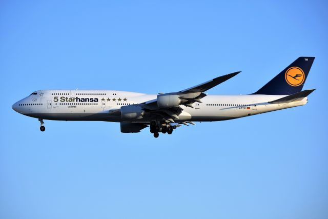 BOEING 747-8 (D-ABYM) - My first capture of the 5-Star. Arriving 10-C at sunset.