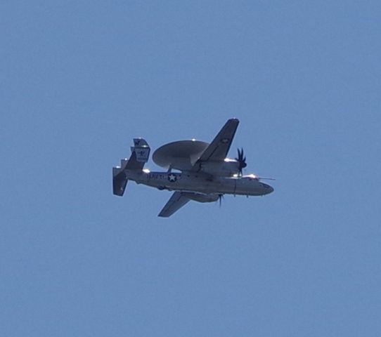 — — - POINT PLEASANT BEACH, NEW JERSEY, USA-JULY 02, 2024: Seen by RF over Point Pleasant Beach, New Jersey at approximately 1205 hours was this U.S. Navy E-2 Hawkeye aircraft.