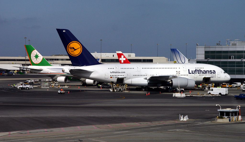 Airbus A380-800 (D-AIMD) - KSFO - Inaugural Passenger flight for SFO-FRA  with the A380 on 5/10/2012 being readied at the Intl Dock.