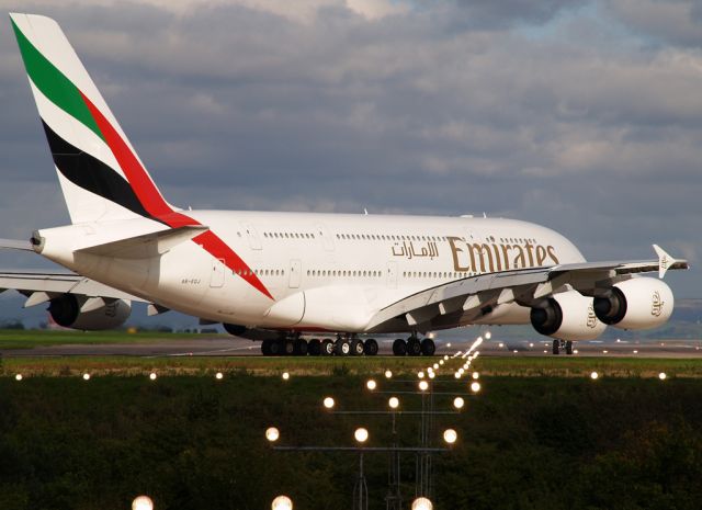 Airbus A380-800 (A6-EDJ) - Emirates 18 lining up on runway 05L.