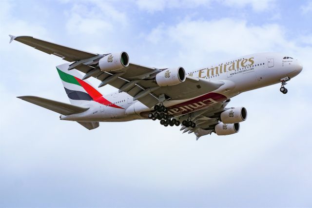 Airbus A380-800 (A6-EUE) - First scheduled A380 service to Boston flown by Emirates 237 Super. Here she is on short final for 22L. The A380 is only permitted to land and takeoff on 4R/22L and 15R/33L at Logan Airport. 