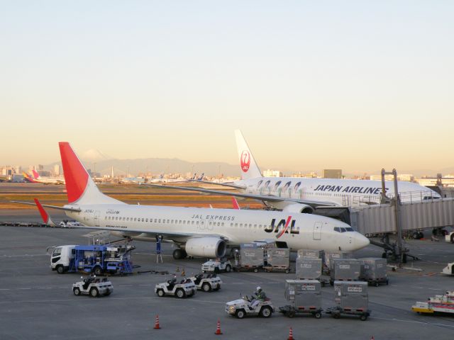 Boeing 737-800 (JA316J) - 18.DEC.2011 It is Mount Fuji behind an airplane.