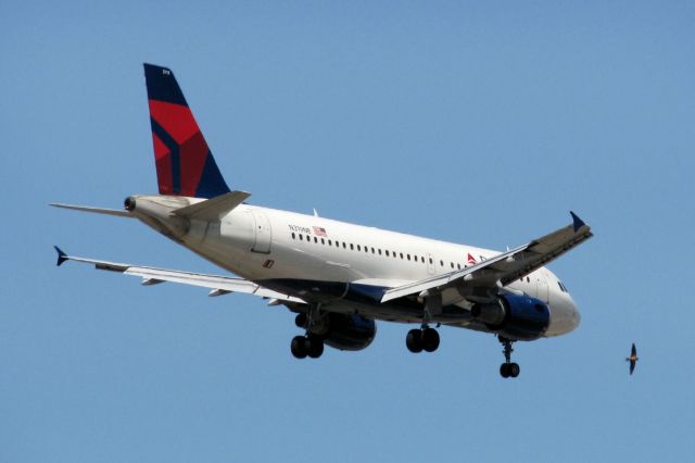 Airbus A319 (N319NB) - Close call!  A barn swallow swoops left and away from this Delta (former Northwest) Airbus as it approaches RTIAs runway 34L.