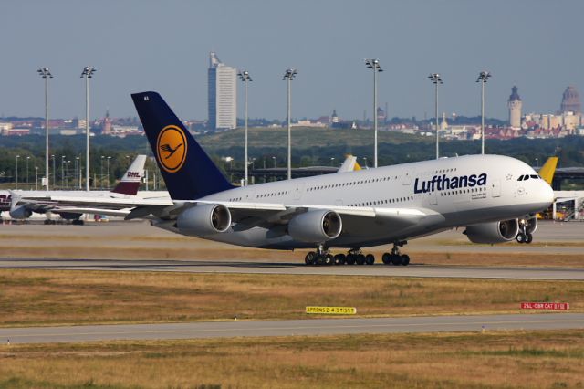 Airbus A380-800 (D-AIMA) - take off @ RWY 26L with skyline from Leipzig