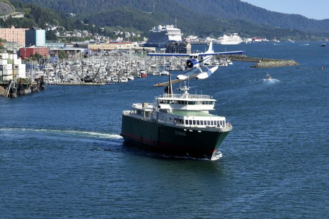 De Havilland Canada DHC-2 Mk1 Beaver (N770TH) - The Stikine, a Ro-Ro/Passenger Ship, IMO: 9388431 is doing its part as a runway incursion vehicle as V2 Aviation LLC N770TH, a 1957 DEHAVILLAND DHC-2 MK 1 comes in for a landing in the Tongass Narrows, Ketchikan, AK. Seen from the stern of the Holland America Noordam.