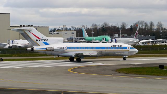 Boeing 727-100 (N7001U) - The first B727 built and now owned by Museum of Flight makes a taxi test on Rwy 16R on 2/22/16.  The aircraft is a B727-22 (ln 1 / cn 18293).