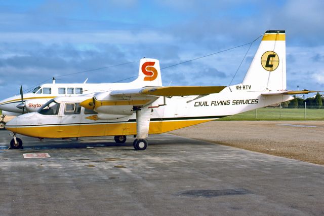 Eurocopter AS-350 AStar (VH-RTV) - CIVIL FLYING SERVICES - BRITTEN-NORMAN BN-2A-26 ISLANDER - REG : VH-RTV (CN 152)) - WEST BEACH ADELAIDE SA. AUSTRALIA - YPAD (7/9/1979)35MM SLIDE SCANNED WITH A EPSON PERFECTION V700 FLATBED SCANNER.