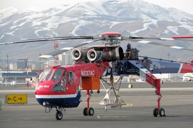 N237AC — - This former USAF (70-18487) Sikorsky CH-54B Tarhe is seen at Reno Tahoe International during a brief refueling stop.