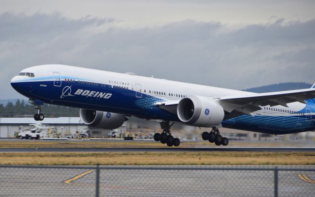 BOEING 777-9 (N779XW) - Boeing 777X taking off from Spokane International Airport.