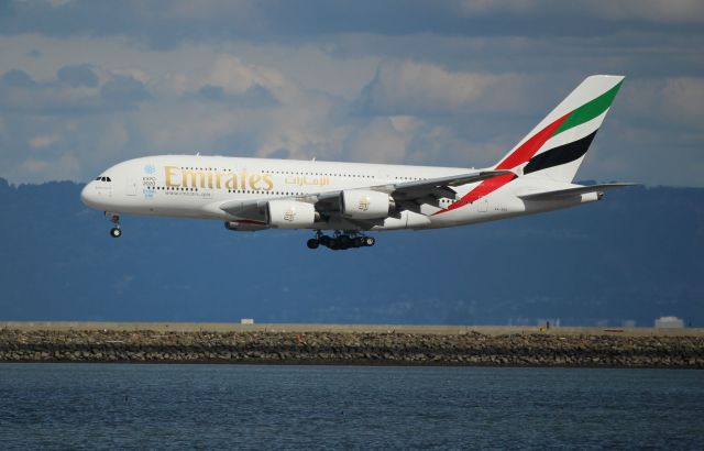 Airbus A380-800 (A6-EOD) - Short final right after some rain. 