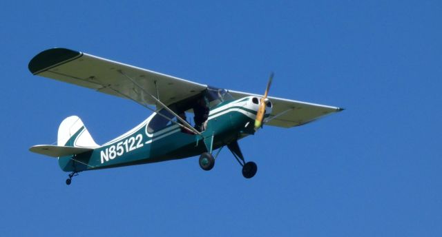 CHAMPION Tri-Traveler (N85122) - Approaching the Pumpkin drop zone at the Great Pumpkin Fly-In is this 1946 Aeronca Champion Tri-Traveler in the Autumn of 2022.