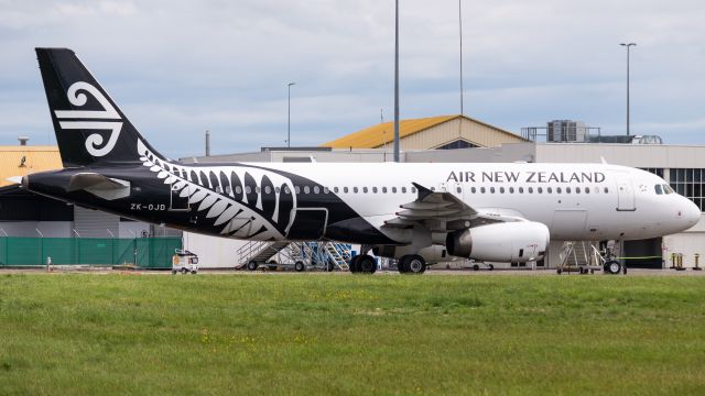 Airbus A320 (ZK-OJD) - ZK-OJD on the ground at Palmerston North after diverting from Wellington. A little bit of a rare sight to see an A320 at Palmerston North.