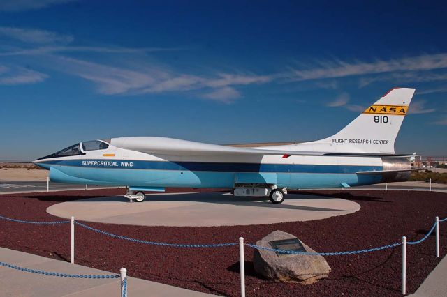 LTV F-8 Crusader (N810NA) - Vought F-8 Supercritical Wing Vought F-8 Supercritical Wing N810NA on display at NASA Dryden Flight Research Center on November 16, 2004. The modified F-8 Crusader tested the supercritical wing design for improved transonic performance. on display at NASA Dryden Flight Research Center on November 16, 2004. The modified F-8 Crusader tested the supercritical wing design for improved transonic performance.