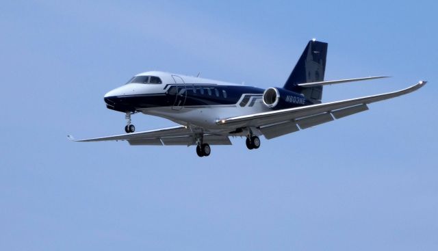 Cessna Citation Latitude (N603NE) - On final is this 2017 Cessna Citation Latitude in the Spring of 2019. Appears to have an image of a clock tower on the tail?