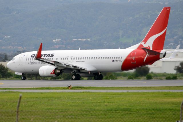 Boeing 737-800 (VH-VYL) - Rolling for take-off on runway 05. Thursday, 19 June 2014.