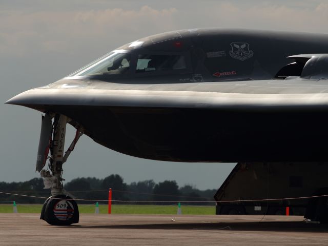 — — - The sun catches the unique lines of the B-2A Stealth Bomber, which made a welcome return to RIAT 2012.