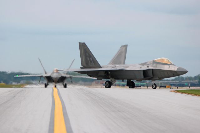 Lockheed F-22 Raptor (04-4072) - A pair of USAF Lockheed Martin F-22A Raptor’s, 04-4072, cn 645-4072, and 05-4104, cn 645-4104, taxiing to Atlantic Aviation on 31 Aug 2016. The Raptors are from the USAF Air Combat Command (ACC) Demo Team based at Joint Base Langley-Eustis (JBLE), VA- USA. 