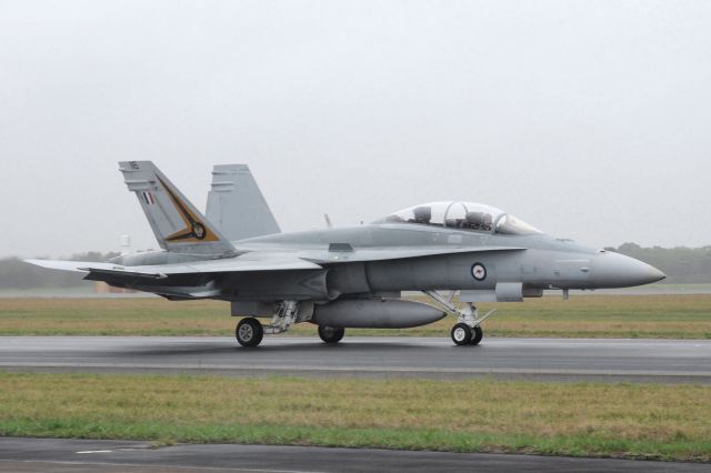 — — - This powerful small FA18 super Hornet of the RAAF seen here ready to take off from YBAF south of Brisbane