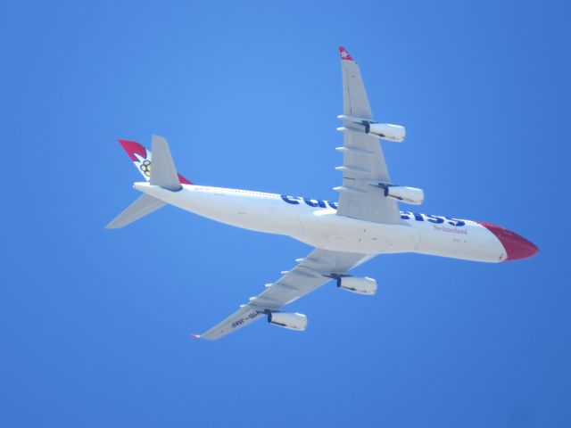 Airbus A340-300 (HB-JMF) - LSZH-KSAN EDW 18 on Friday June 9th. Took an approach from klax area and thus flew over my house. 