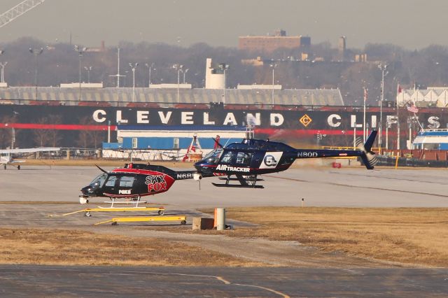 Bell JetRanger (N8QD) - 5 ABC Air Tracker coming in for fuel next to Sky Fox (N6BU) after a morning traffic report over Cleveland on 27 Mar 2019.