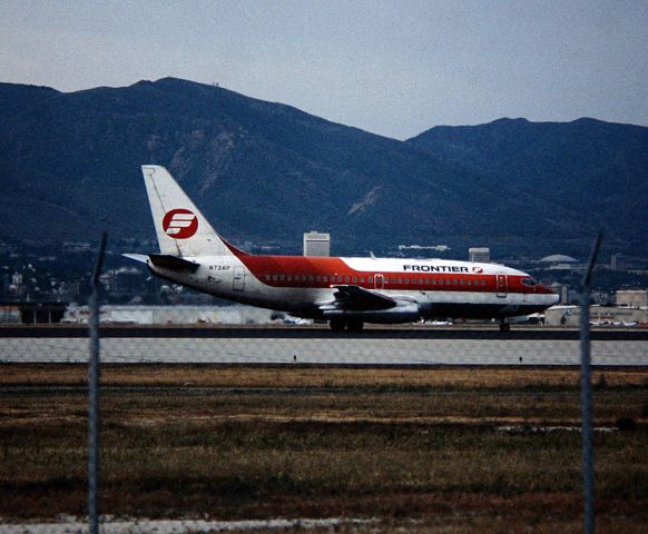 Boeing 737-200 (N7341F) - KSLC - 1982 view - Frontier arriving at Salt Lake- view looking east.